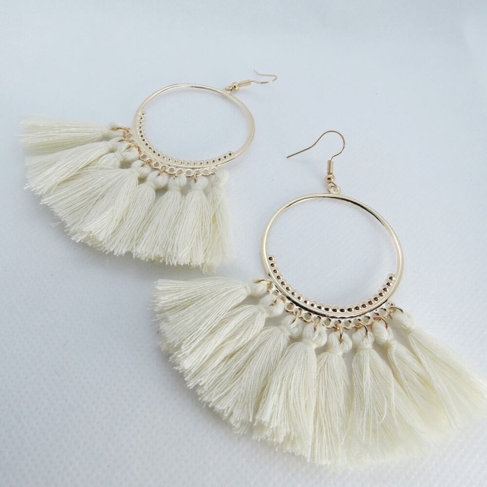 Francesca's Boho Cream Gold Hoop Tassel Earrings - Picture 3 of 5